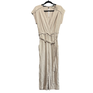 Monteau Linen Blend Light Beige V-Neck Jumpsuit